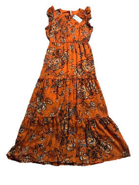 NY Collection Floral Maxi Dress Orange Tiered Sleeveless Boho Flowy NWT SIZE M